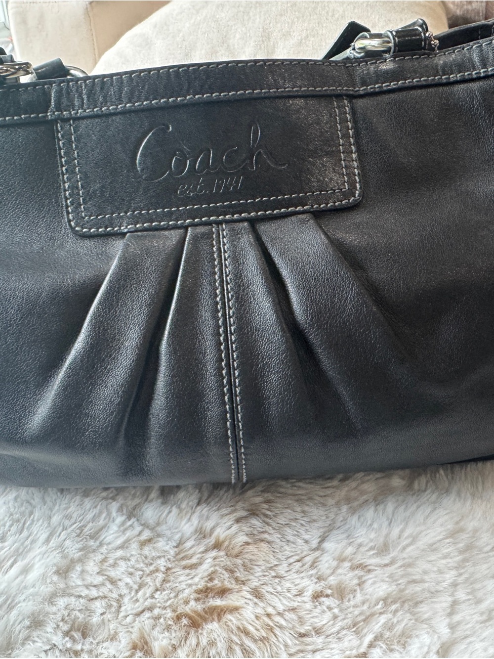Coach Black Leather Pleated Shoulder Bag with Subtle Logo